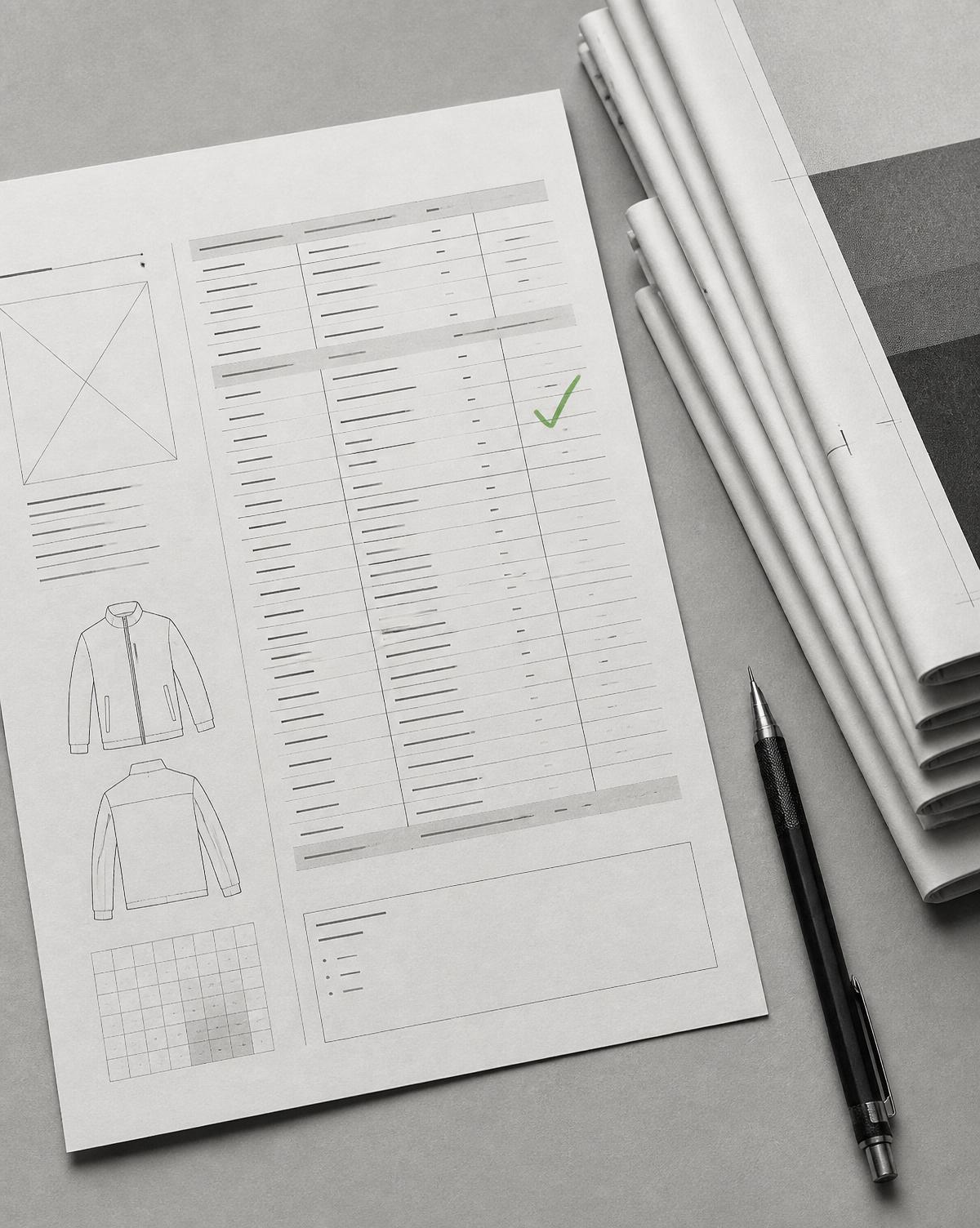 A technical spec sheet on a desk being reviewed alongside a pencil