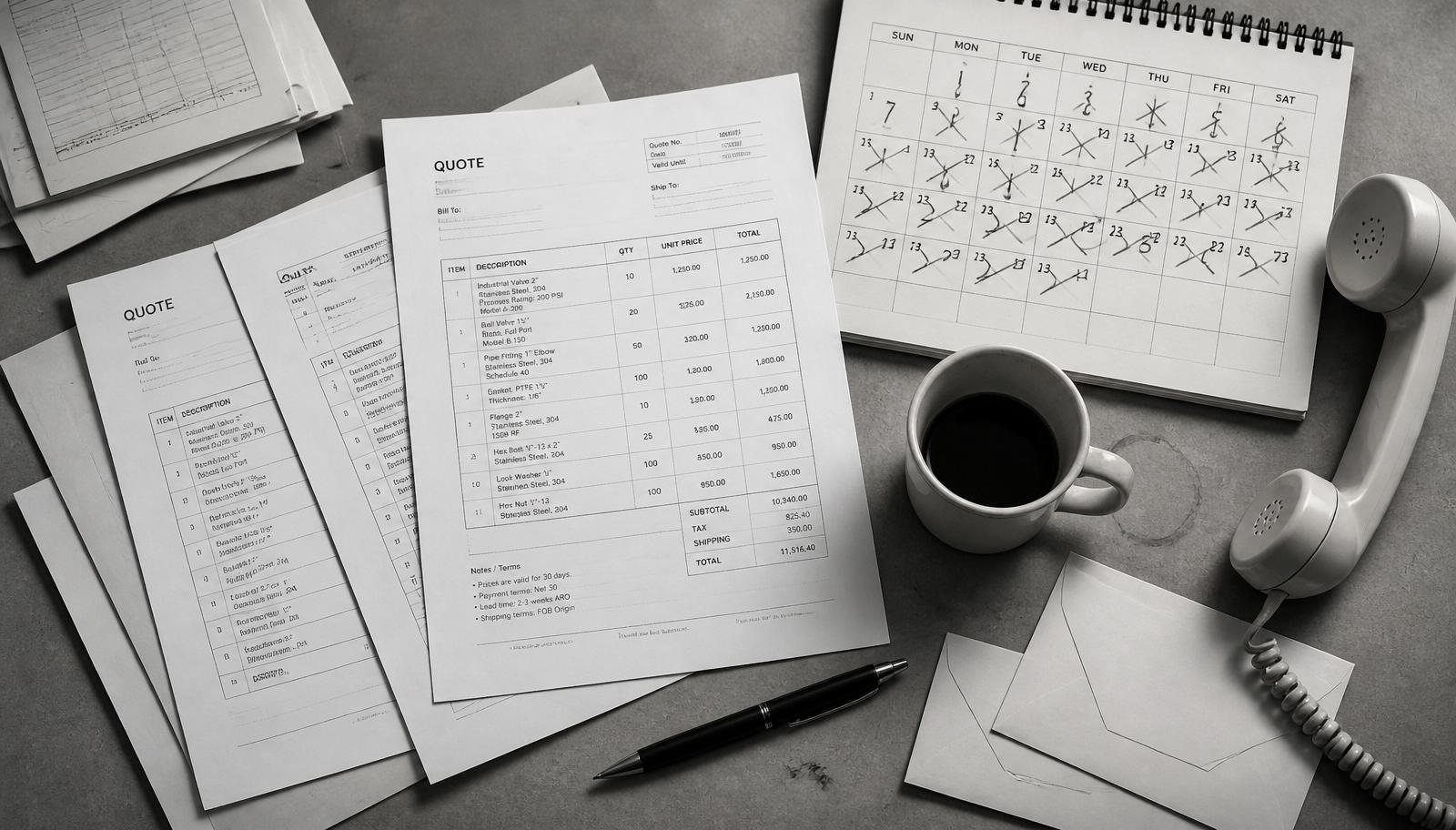 A desk cluttered with printed quotes, an overdue calendar and an off-hook telephone