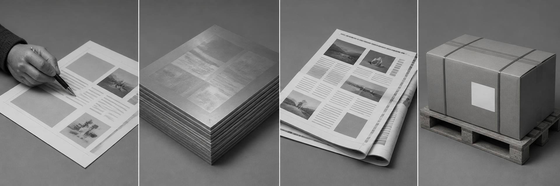 Four production vignettes: reviewing a spec sheet, printing plates, folded press sheets, shipped parcel