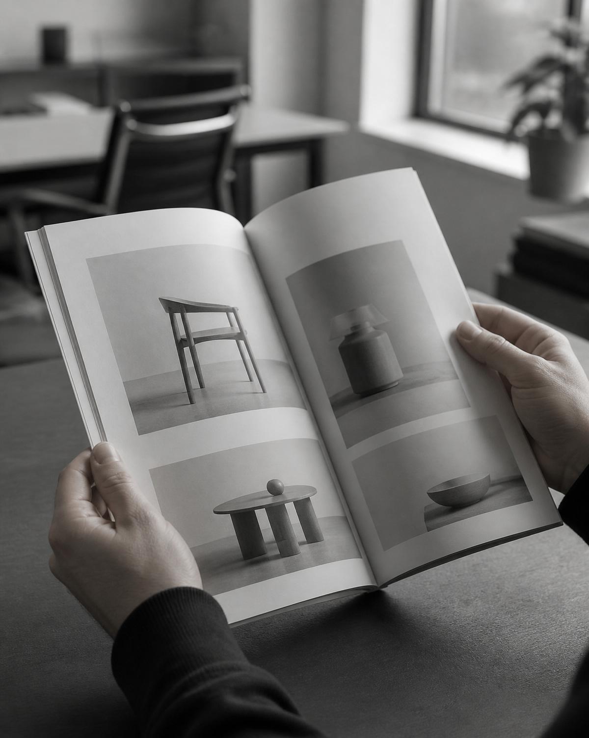 Hands turning pages of a printed product catalog